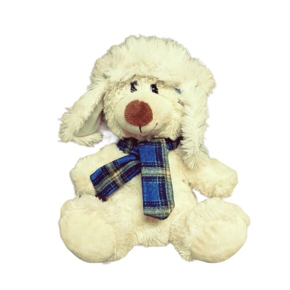 Plush Winter Teddy Bear Blue Plaid Trapper Hat Scarf Stuffed Animal 8" Holiday - Picture 2 of 16